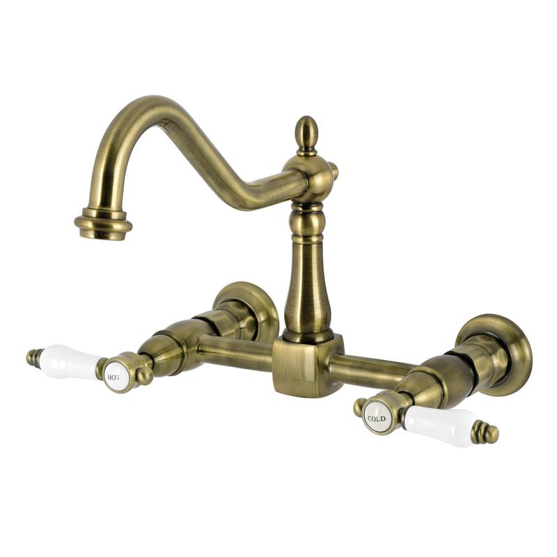 Kingston Heirloom KS1243BPL - Bel-Air Two-Handle Wall Mount Bridge Kitchen Faucet, Antique Brass