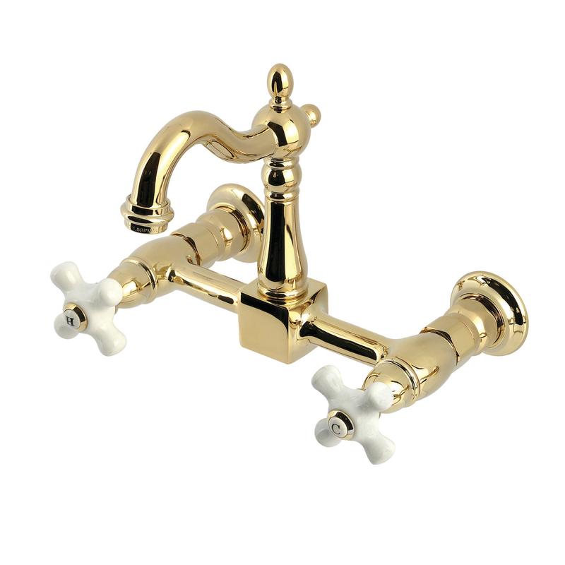 Kingston Heirloom KS2442PX - Heritage Two-Handle 2-Hole Wall Mount Bridge Kitchen Faucet, Polished Brass