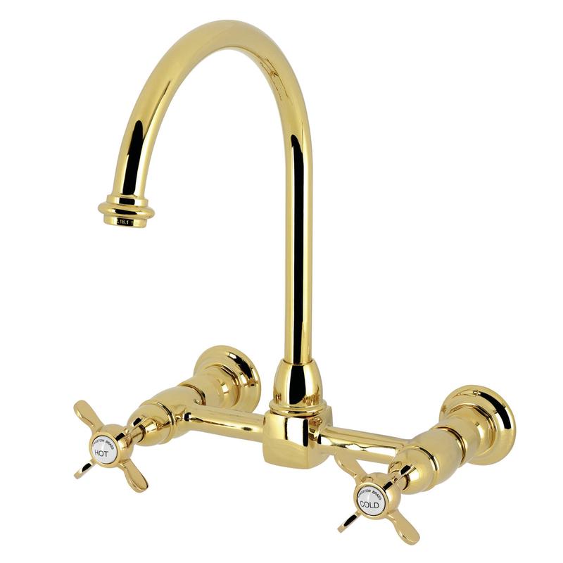 Kingston Tulare KS1292BEX - Essex Two-Handle 2-Hole Wall Mount Bridge Kitchen Faucet, Polished Brass