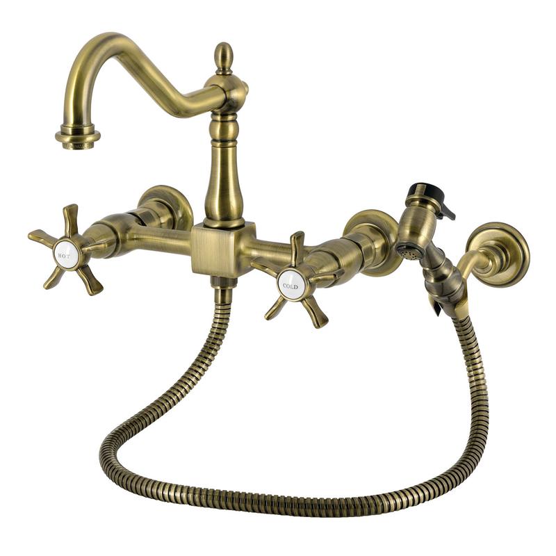 Kingston Heirloom KS1243NXBS - Hamilton Two-Handle 3-Hole Wall Mount Bridge Kitchen Faucet with Brass Sprayer, Antique Brass