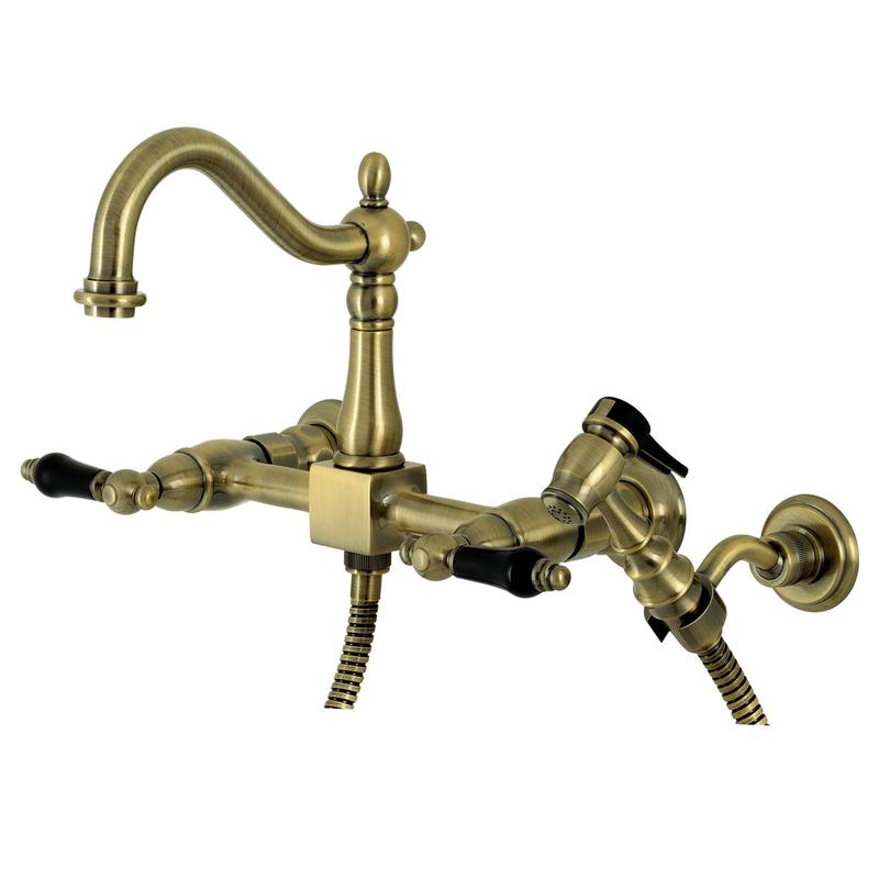 Kingston Heirloom KS1263PKLBS - Duchess Two-Handle 3-Hole Wall Mount Bridge Kitchen Faucet with Brass Sprayer, Antique Brass