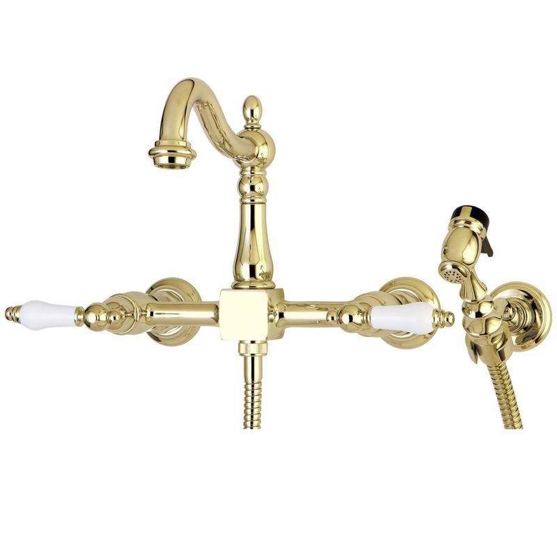 Kingston Heirloom KS1262PLBS - Heritage Two-Handle 3-Hole Wall Mount Bridge Kitchen Faucet with Brass Sprayer, Polished Brass