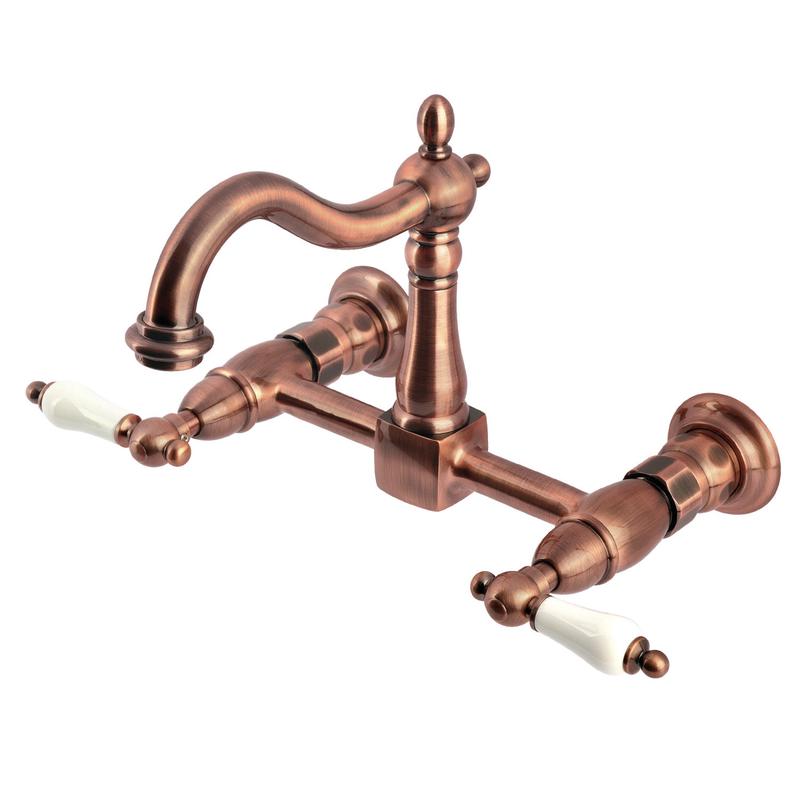 Kingston Heirloom KS126PLAC - Heritage Two-Handle 2-Hole Wall Mount Bridge Kitchen Faucet, Antique Copper