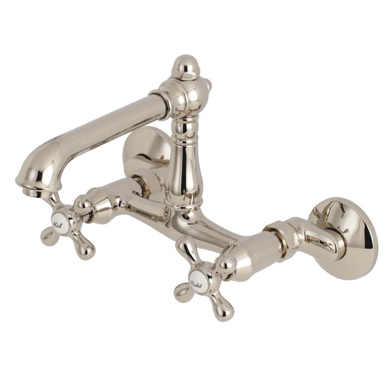 Kingston Tulare KS7226AX - English Country Two-Handle 2-Hole Wall Mount Bridge Kitchen Faucet, Polished Nickel