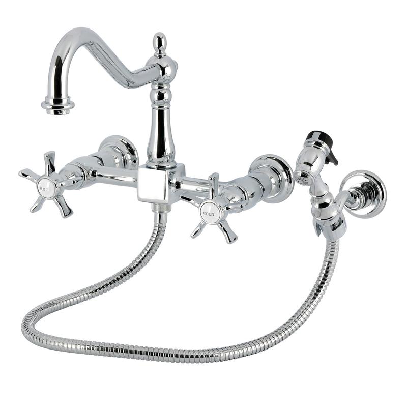 Kingston Heirloom KS1241NXBS - Hamilton Two-Handle 3-Hole Wall Mount Bridge Kitchen Faucet with Brass Sprayer, Polished Chrome