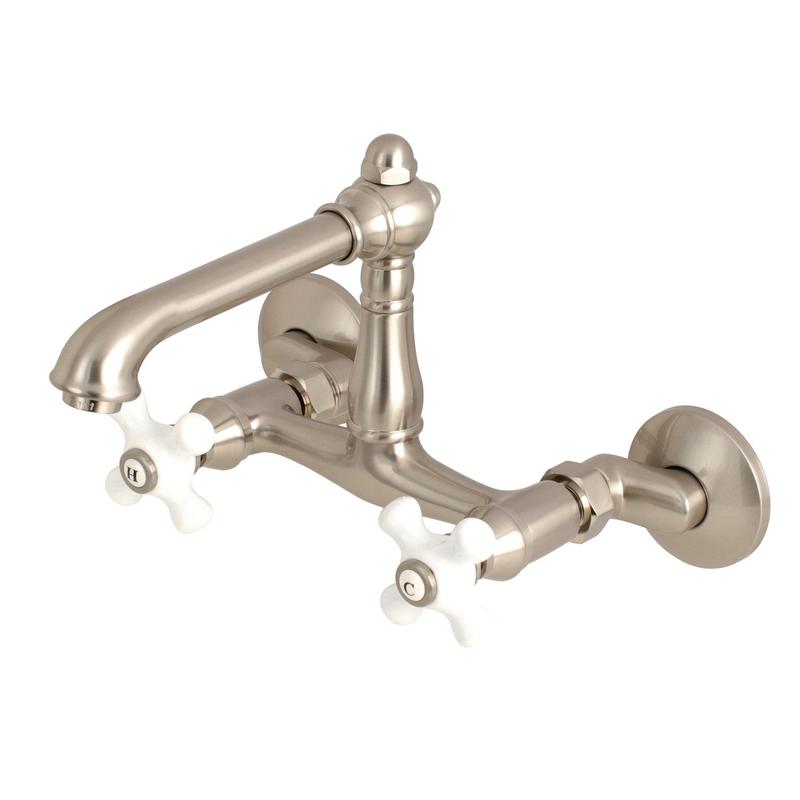 Kingston Tulare KS7228PX - English Country Two-Handle 2-Hole Wall Mount Bridge Kitchen Faucet, Brushed Nickel