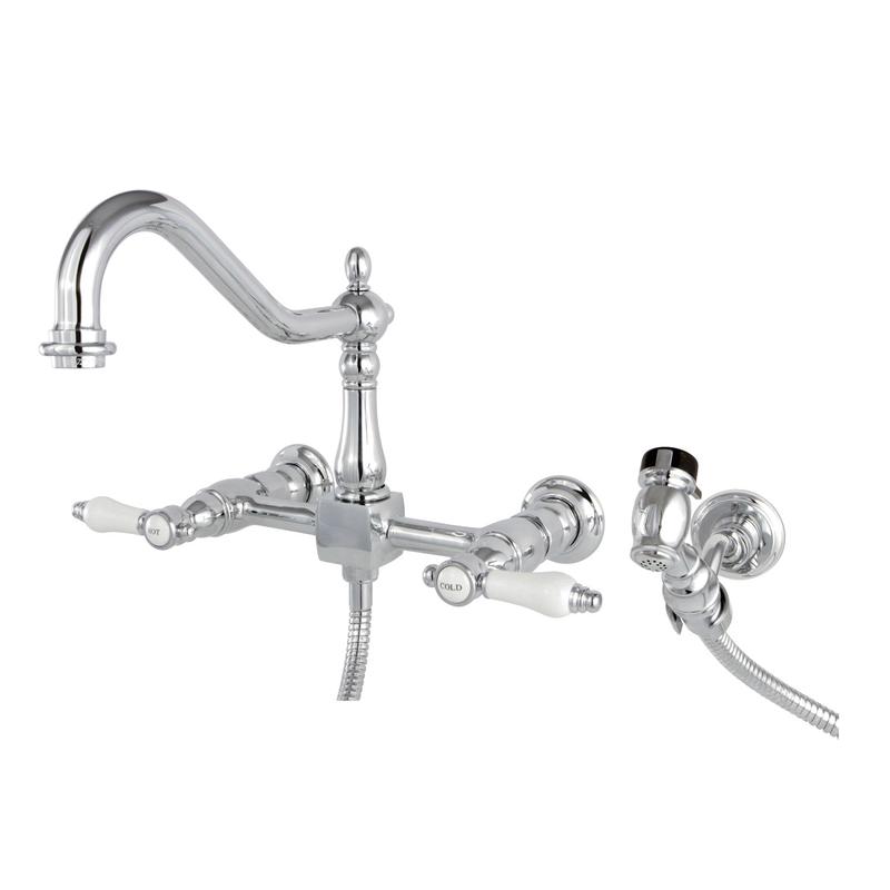 Kingston Heirloom KS1241BPLBS - Bel-Air Two-Handle 3-Hole Wall Mount Bridge Kitchen Faucet with Brass Sprayer, Polished Chrome