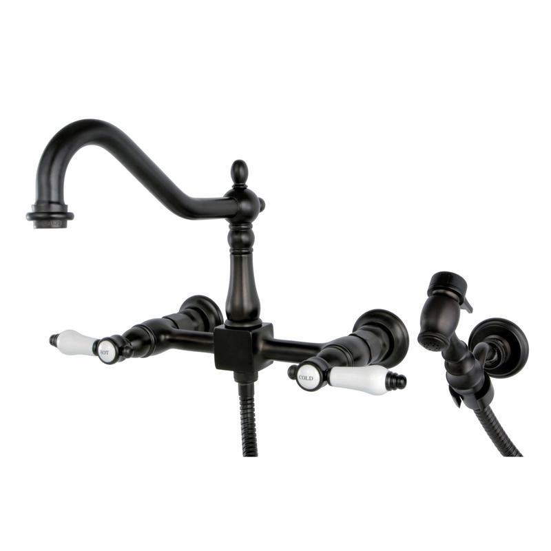 Kingston Heirloom KS1245BPLBS - Bel-Air Two-Handle 3-Hole Wall Mount Bridge Kitchen Faucet with Brass Sprayer, Oil Rubbed Bronze