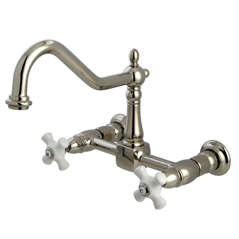 Kingston Heirloom KS1246PX - Heritage Two-Handle 2-Hole Wall Mount Bridge Kitchen Faucet, Polished Nickel