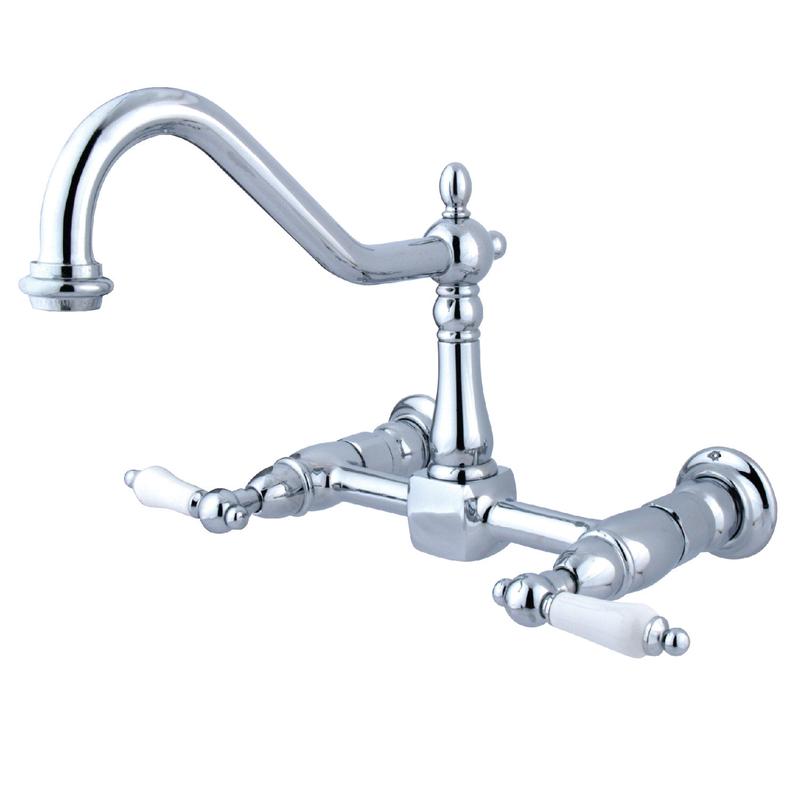 Kingston Heirloom KS1241PL - Heritage Two-Handle 2-Hole Wall Mount Bridge Kitchen Faucet, Polished Chrome