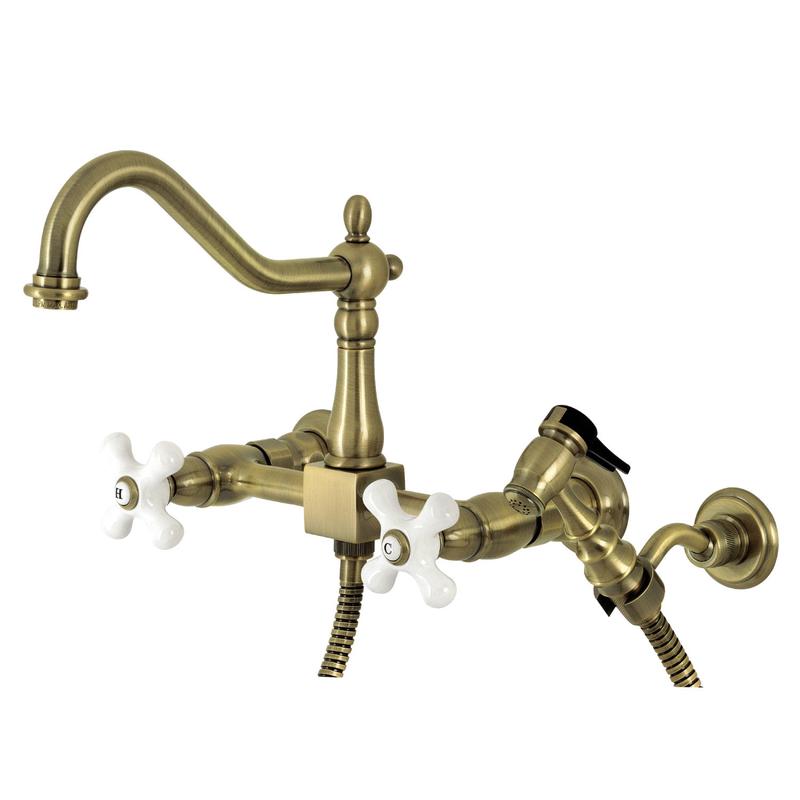 Kingston Heirloom KS1243PXBS - Heritage Two-Handle 3-Hole Wall Mount Bridge Kitchen Faucet with Brass Sprayer, Antique Brass