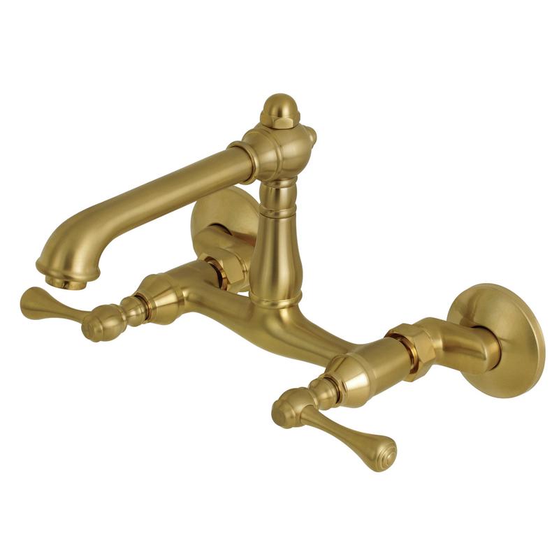 Kingston Tulare KS7227BL - English Country Two-Handle 2-Hole Wall Mount Bridge Kitchen Faucet, Brushed Brass