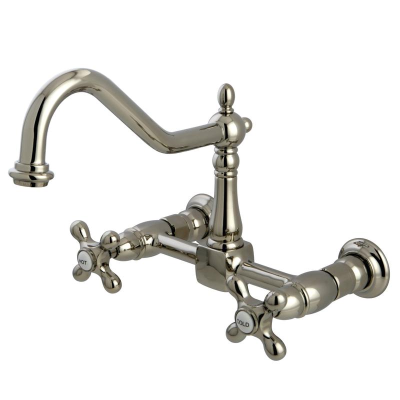 Kingston Heirloom KS1246AX - Heritage Two-Handle 2-Hole Wall Mount Bridge Kitchen Faucet, Polished Nickel