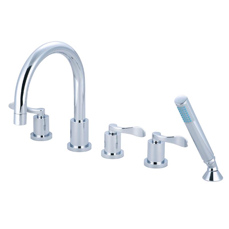 Kingston Tulare KS83215DFLThree-Handle 5-Hole Deck Mount Roman Tub Faucet with Hand Shower, Polished Chrome